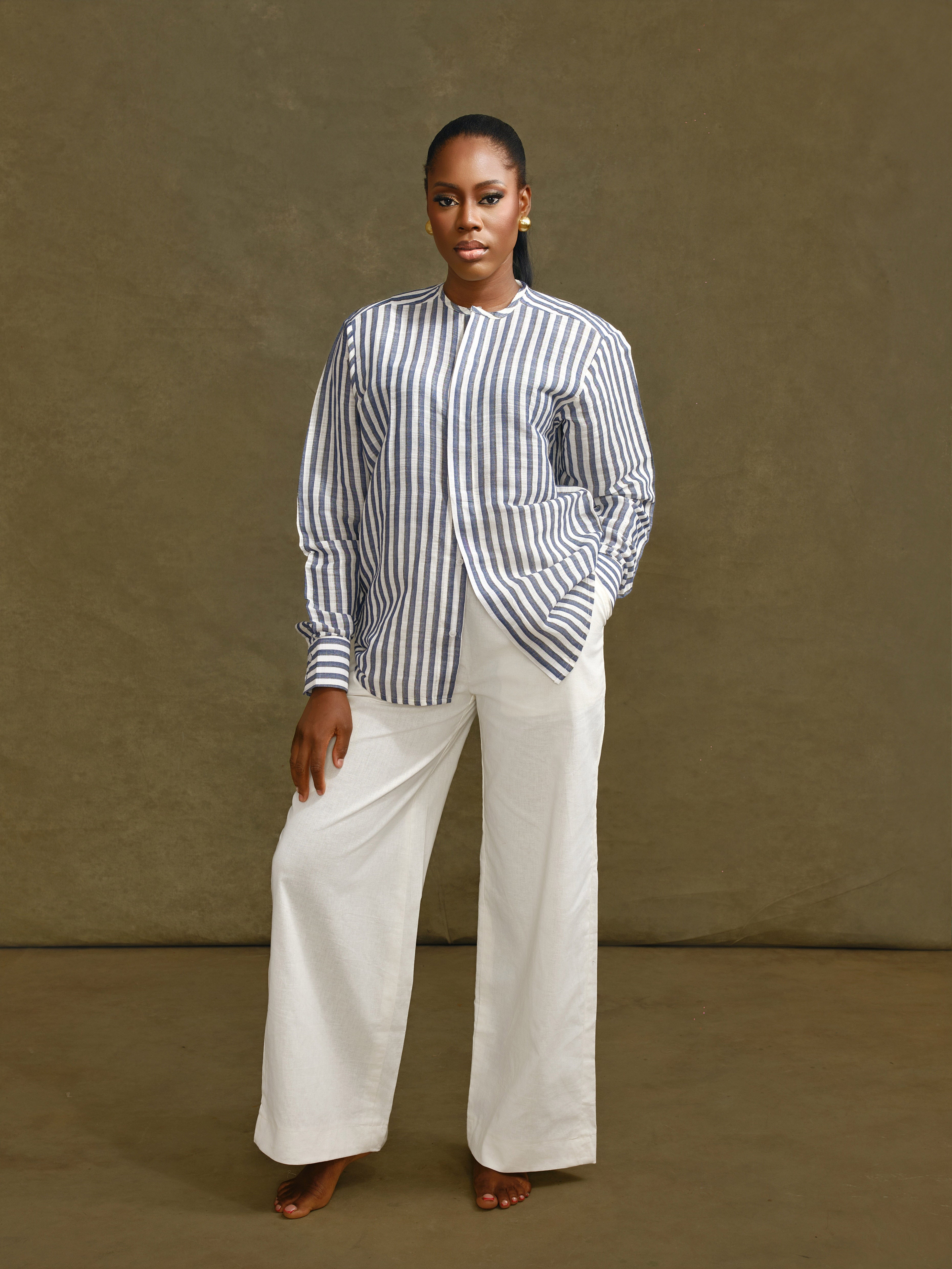 Collarless Striped Shirt Set