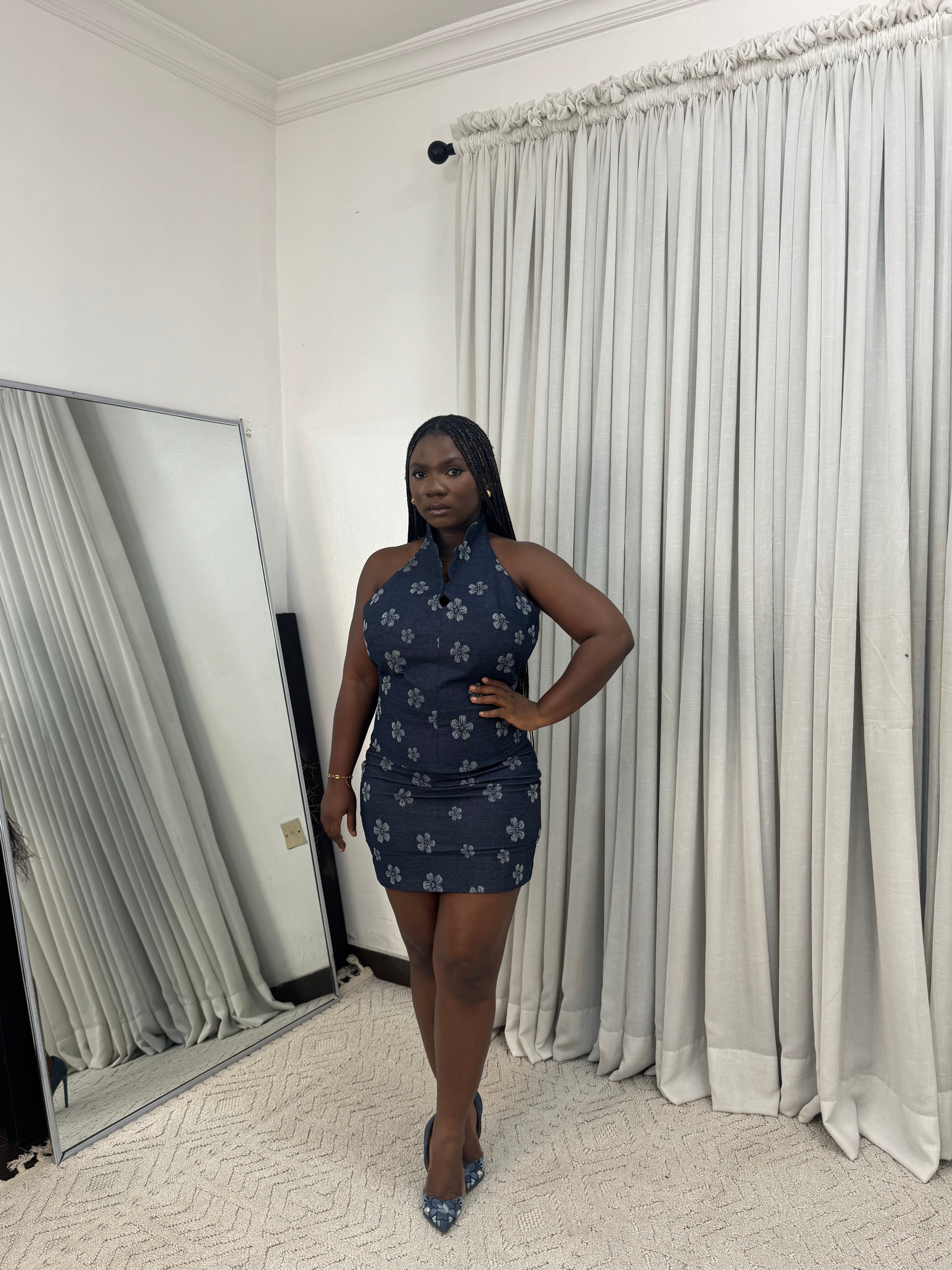 Yobe Floral Denim Skirt Set