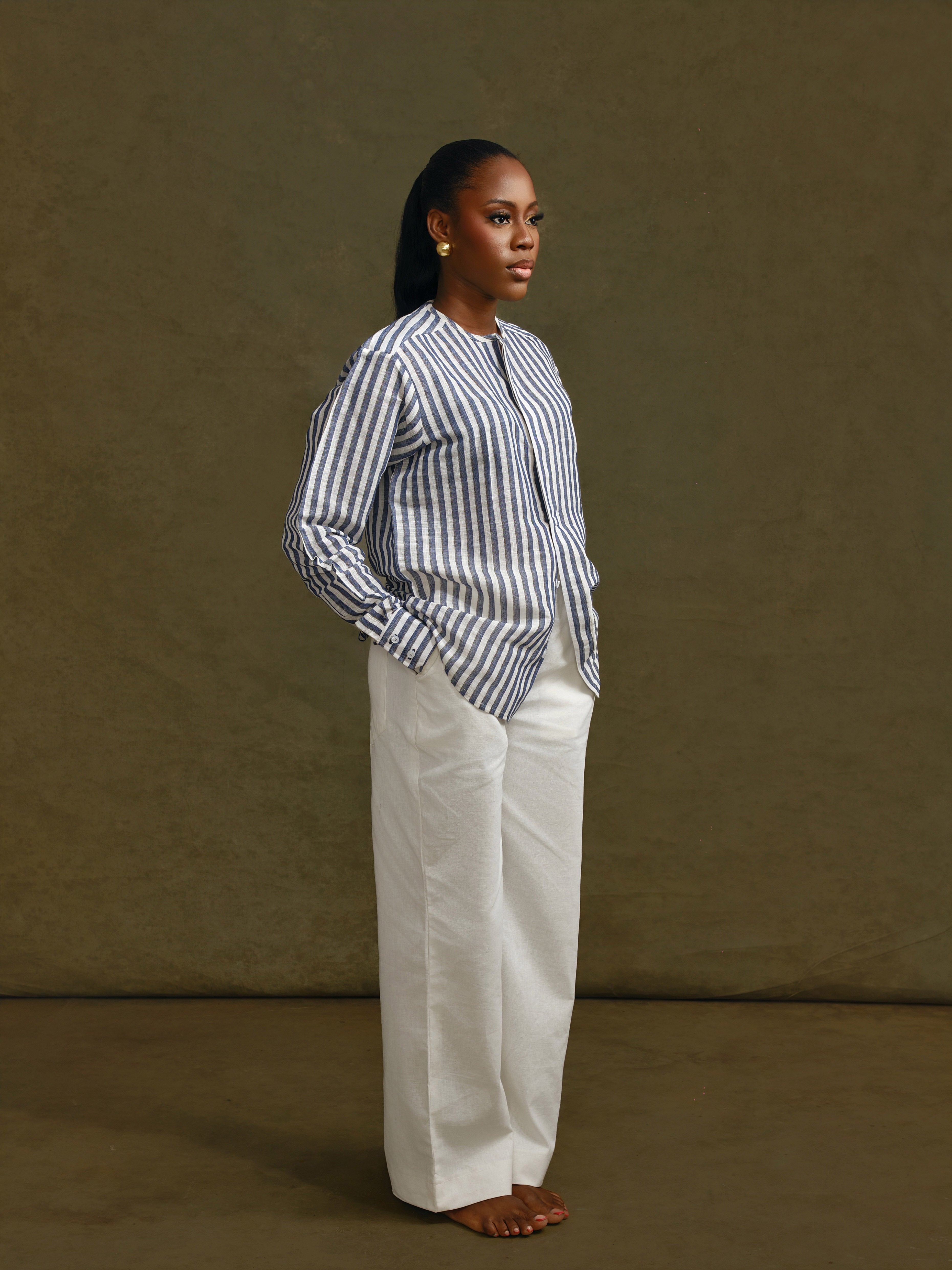 Collarless Striped Shirt Set
